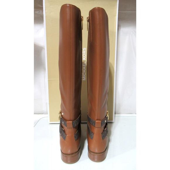 Michael Kors Rory Knee High Riding Boots MK Logo Embossed Strap Luggage Size 7 - Picture 7 of 12